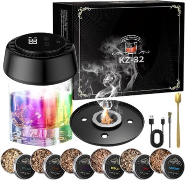 Електричний набір для копчення віскі, коктейльний дим-сет з LED-підсвічуванням, ретро-набір для копчення з 6 дерев'яними чіпсами, USB-C перезарядна аксесуар для віскі та бурбону