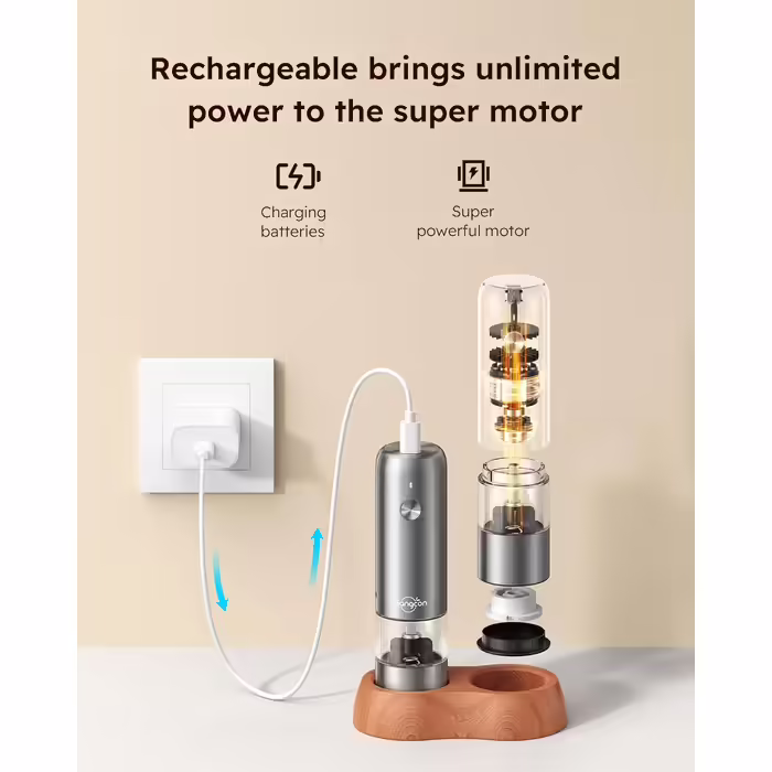 Sangcon Mini Electric Salt and Pepper Grinder Set with Wooden Base, Portable USB Rechargeable Kids' Pepper Grinder, 5 Strengths Adjustable Small Automatic Salt and Pepper Grinder Grinding Mechanism Stainless Steel