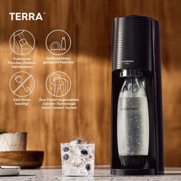 SodaStream TERRA: Газова вода вдома - Комплект з CO2, 2x1L та 1x0.5L пляшки, чорний