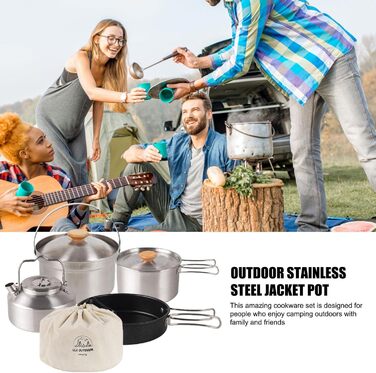 Набір кухонного посуду Pomurom Outdoor: нержавіюча сталь, для кемпінгу, пікніків та походів. Включає каструлю, чайник, набір посуду та сумку для зберігання