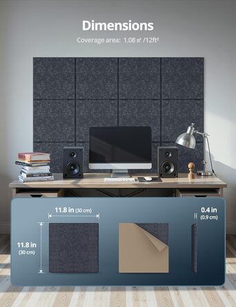 Самоклеючі акустичні панелі з фетру для звукоізоляції стін, стелі та дверей, 12 шт (30x30x0.9 см), 1.08㎡, темно-сірі — шумопоглинаючі плити для студії, вітальні та офісу