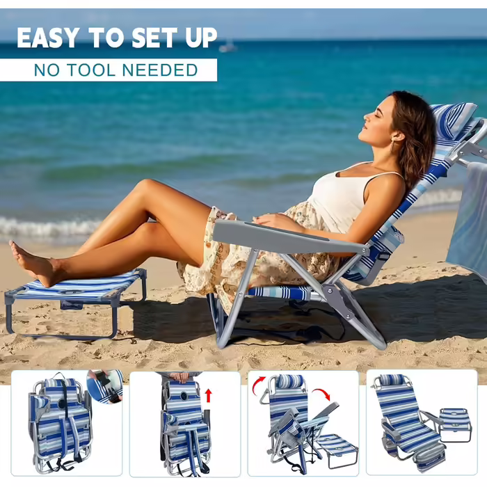 WKFAMOUT Folding Beach Chair with Folding Table, 5 Position Backpack Chair for the Beach, High-Back Camping Chair with Cooler Bag, Adjustable Backrest and Carrier, White, 1 Piece