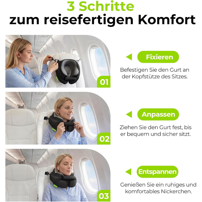 Подушка для шиї AUVON для подорожей: ергономічна підтримка голови та шиї, регульована підставка для підборіддя, дихаюча тканина, проти напруження шиї (літак, авто, поїзд)