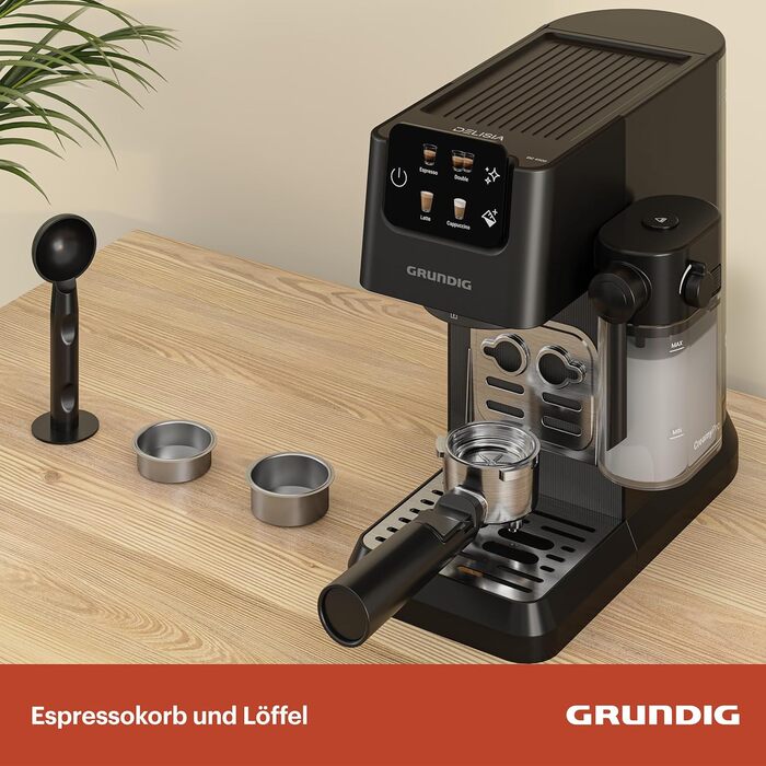 GRUNDIG KSM 5330 Espresso Machine with Integrated Milk Container, 1628 W Power, 15 bar Pump Pressure, Dual Nozzle, Color Touch Display, BrewSense, CreamyPro, Dark Inox/Black. With Milk Container