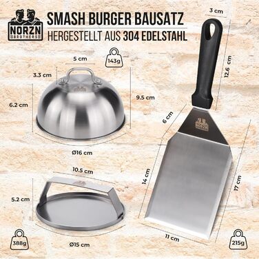 Набір для приготування Smash Burger: прес для гамбургерів, дзвоник та шпатель з нержавіючої сталі 304. Гарантія 10 років. Для контакту з харчовими продуктами.