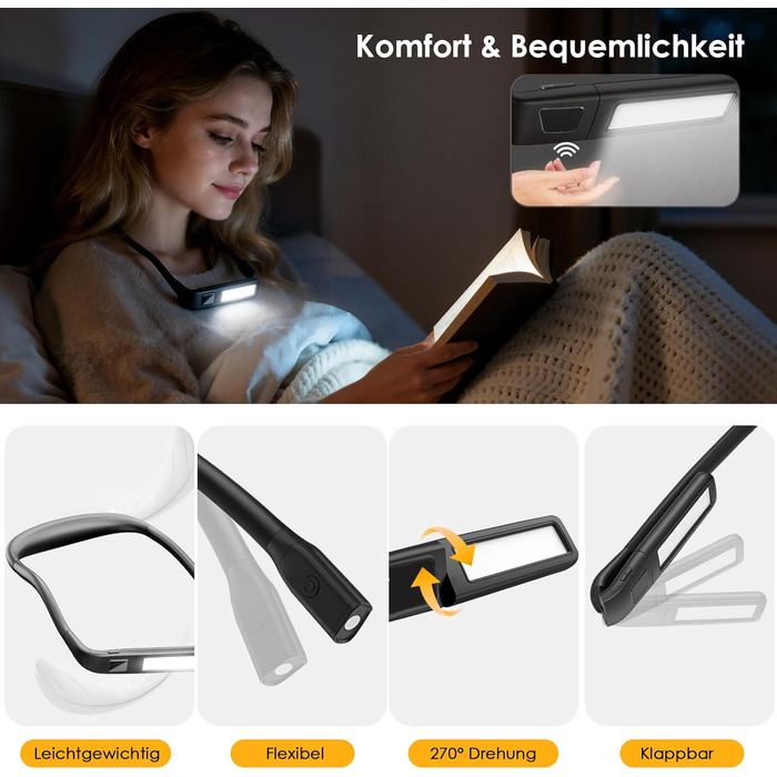 Ліхтарик на шию Tomshine з датчиком жесту, 1800mAh для читання, в'язання, кемпінгу - 3 кольори, регульована яскравість, поворотний
