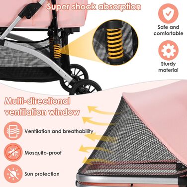 Візок для собак Mamizo 3-в-1: візок, переноска, сумка, до 20 кг, поворотні колеса, кошик, тримач для напоїв, для собак та котів (сріблястий, рожевий)