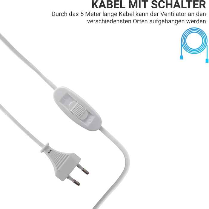 Мобільний стельовий вентилятор Bestlivings, білий, кабель 5м, Ø40 см, 220V-240V, 5W