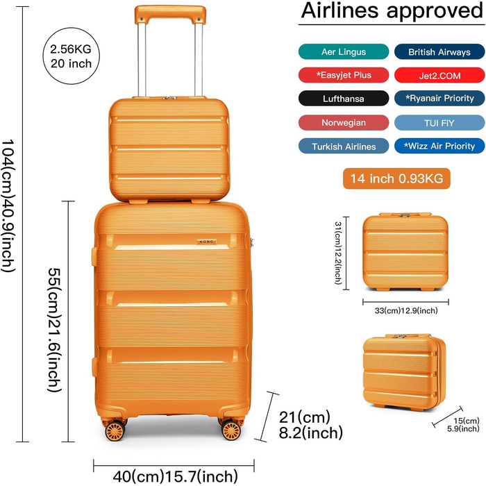 Чемодан для ручної поклажі з 4 колесами, оранжевий, з TSA-замком та YKK-блискавкою, з косметичкою
