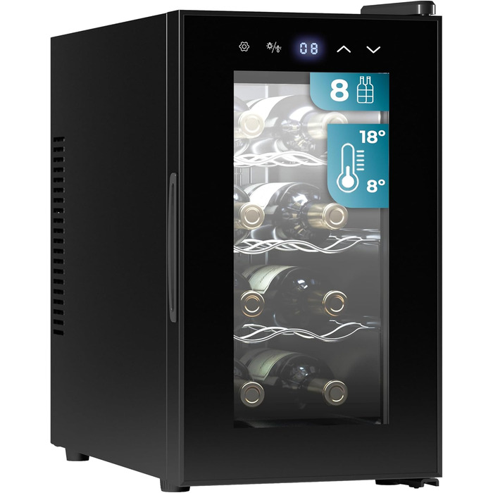 Cecotec Bolero Grandsommelier 830 Coolcrystal 8-Bottle Wine Refrigerator - Thermoelectric Cooling, Adjustable Temperature (8-18°C), Touch Control, LED Interior, Eco-Friendly Gas