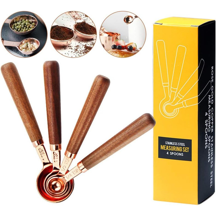 Ldawy Measuring Spoons Measuring Cups Stainless Steel Measuring Spoons 4-Piece Precision Kitchen Measuring Tool with Walnut Handle for Baking (Rose Gold)