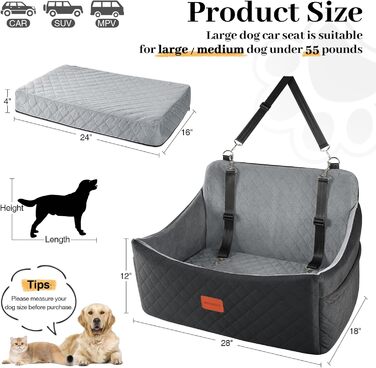 Wooaidagg Dog Car Seat for Medium & Large Dogs - Washable Memory Foam Pet Car Bed with 2 Leashes (Black/Grey)