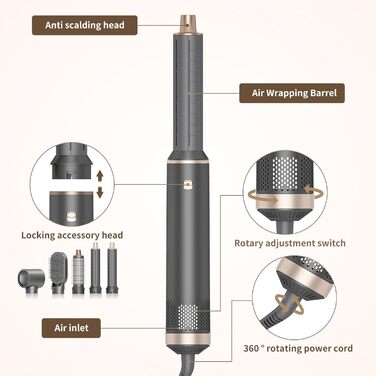 Фен-щітка 5 в 1 для волосся: укладання, випрямлення, завивання. Фен-щітка для жінок з насадкою, об'єм, Eurostecker (Сірий)