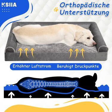 KSIIA Orthopedic Dog Bed for Large Dogs, 105x70x18cm, Removable and Washable Cover, XL Dog Couch with THREE Raised Edges, Non-Slip Bottom, Egg Crate Foam Dog Basket, (L 91 x W 68 x H 16 cm, Light Grey)