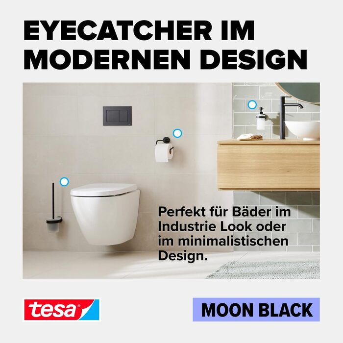 Кільце для рушників tesa Moon Black, овальне, матове чорне, настінне, без свердління, з клеєм, 53x184x130 мм