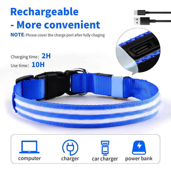 Світлодіодне нашийник для собак PcEoTar, водонепроникний, з 3 режимами світіння, для великих собак (Блакитний, S)