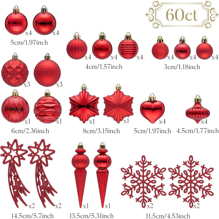 Набір прикрас для ялинки Valery Madelyn (60 шт) - червоні кулі для новорічного декору, міцні, з гачками