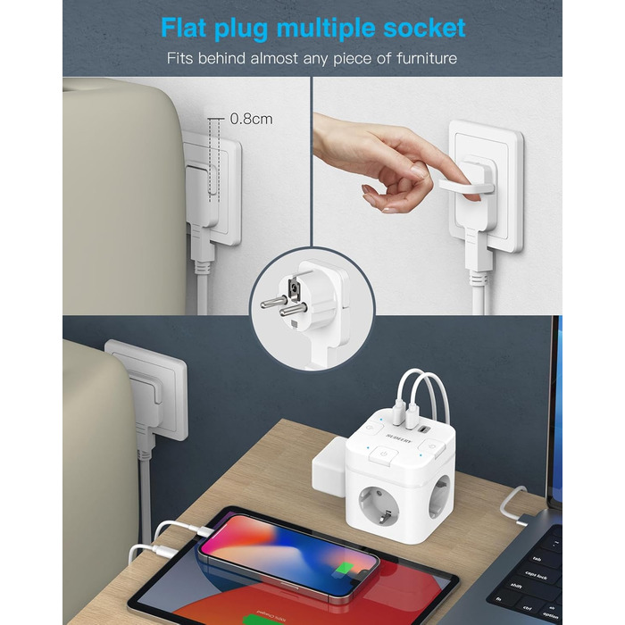 Багатофункціональний розподільник розеток 6 в 1 з USB-C, 3 розетки, плоский штекер, індивідуальне вмикання, кабель 2м, 1 USB-C, для офісу, дому, подорожей (білий)