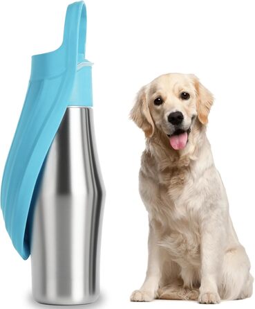Водяна пляшка для собак на прогулянці - не протікає, з нержавіючої сталі, подвійні стінки, вакуумна ізоляція, 750 мл (Блакитна)
