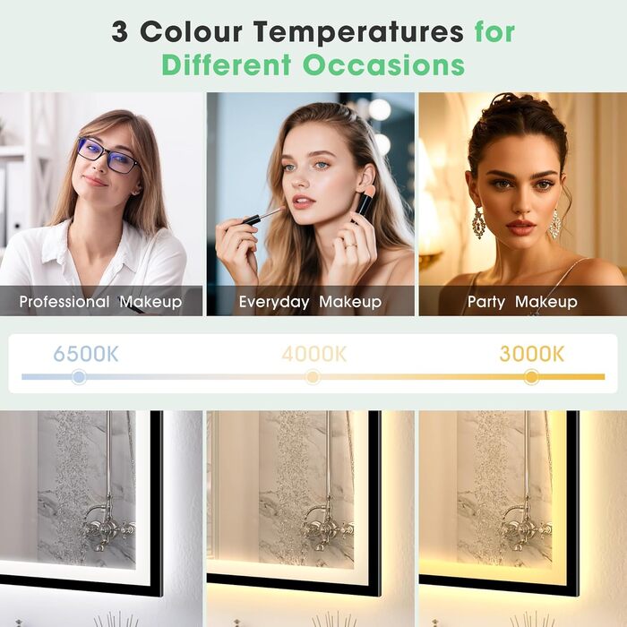 Дзеркало для ванної кімнати S'bagno з підсвічуванням 100x70 см, 5x збільшення, LED, рамка з алюмінію, протитуманне покриття, 3 кольори, диммування, функція пам'яті, HD скло, IP44, Bluetooth (чорна рамка)