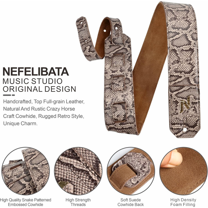 Шкіряний гітарний ремінь Nefelibata 2.3' з повним тисненням, м'яка підкладка, для бас-, електро- та акустичної гітари (Sahara Yellow Embossed) - колір Sahara Yellow (сірий)