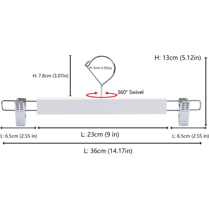 Дерев'яні вішалки для одягу Amber Home (10 шт., 36 см, білі) - міцні, з антиковзними кліпсами та поворотним гачком