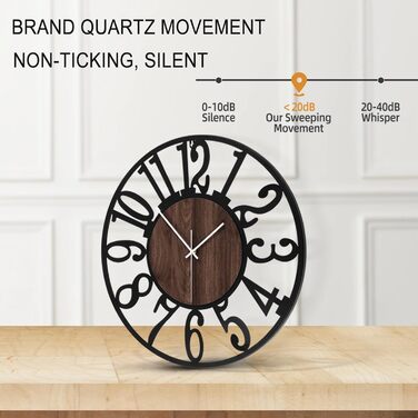 Large Wall Clock - Ticking Sounds, 34CM/14 Inch Silent, No Noise, Battery Operated, Modern, Oversized, Retro Vintage Large Wall Clock for Living Room, Bedroom, and Kitchen (14inch, Dark Brown - Arabic Numbers)