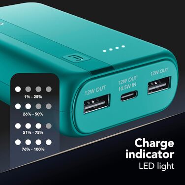 Power Bank Cellularline 20000 mAh з USB-C та 2x USB-A, LED-індикатор, Зелений