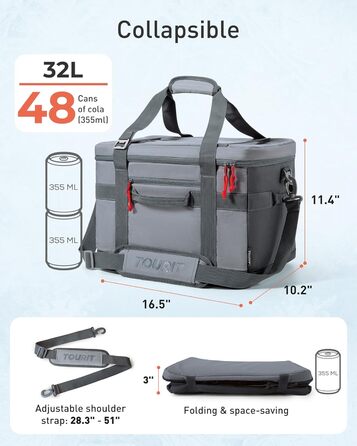 Термосумка TOURIT 32L сіра - ізольована, для пікніка, велика, складна, для транспортування продуктів