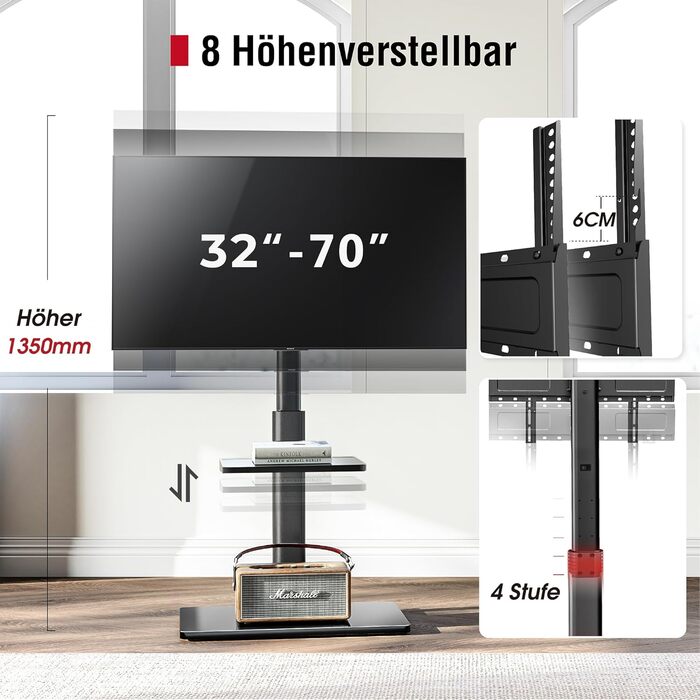 AOKCOS TV Stand - Adjustable Swivel & Tilt Floor Stand for 32-70 inch TVs (up to 40kg, VESA 400x400mm) - Black