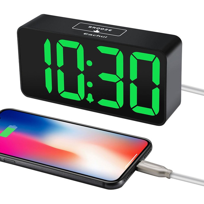 LED-годинник Eachui з USB-зарядкою, великий дисплей, регулювання яскравості та гучності, повтор, 12/24 год, цифровий годинник, живлення від мережі (чорний & білий)