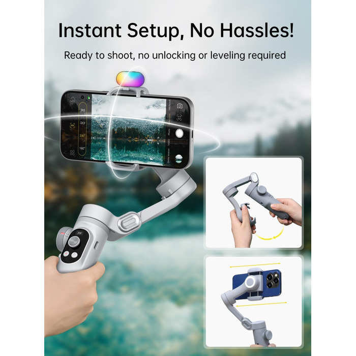 Стабілізатор для смартфона AOCHUAN 3-осьовий з RGB-підсвічуванням, для iPhone/Android, з функцією трекінгу обличчя, комплект Smart X Pro (Сірий)