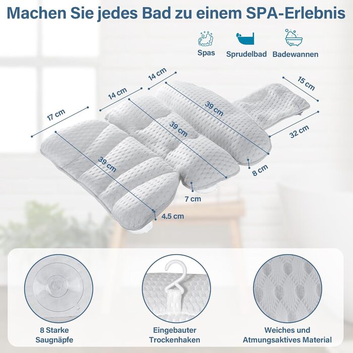 CZL Bathtub Pillow - Neck Pillow for Bathtub with 8 Suction Cups - 3-Piece Neck Pillow - Bathtub Accessories - Bath Pillow - Bathtub Cushion - Bathtub Pillow for Bathtub - White
