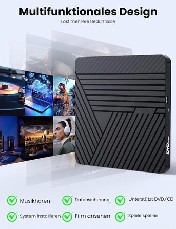 Зовнішній CD/DVD привід MOSWAG USB 3.0 та Type-C, оптичний багатофункціональний накопичувач +/-RW для PC, Mac, MacBook Pro, Linux, Win 11/10, чорний