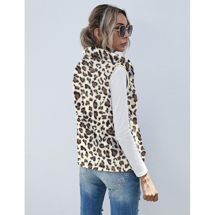 Жіноча жилетка Rapbin з м'якого флісу Teddy, тепла безрукавка на осінь/зиму, стильна та легка, однотонна жилетка, жіночий осінній верхній одяг (L, Абрикосовий, Леопард)