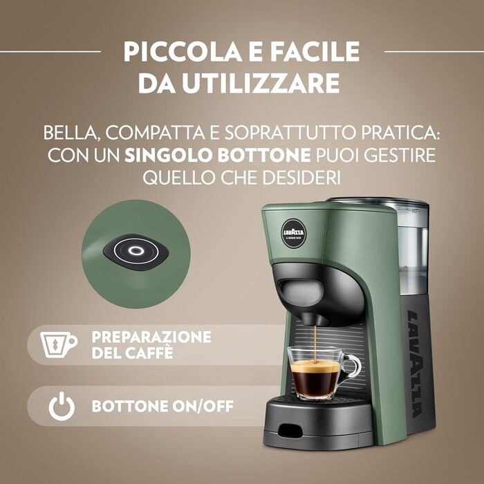 Lavazza, A Modo Mio Tiny Eco Green Coffee Machine with 64 assorted capsules, espresso machine made from recycled plastic, 1450 W, 220-240 V, 50/60 Hz, 0.6 Liter