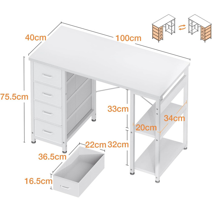 Компактний письмовий стіл Coleshome з 4 шухлядами, 100x40 см, з полицями, для офісу, робочого кабінету, спальні, білий