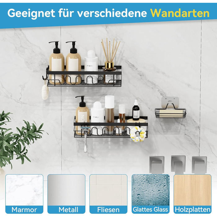 Поличка для душу без свердління, 3-секційний органайзер для душу з регульованими кошиками, нержавіюча сталь - Максимальний простір для зберігання з мильницею та 3 гачками для душу, ванної, кухні, балкону - Підставка для душу без свердління