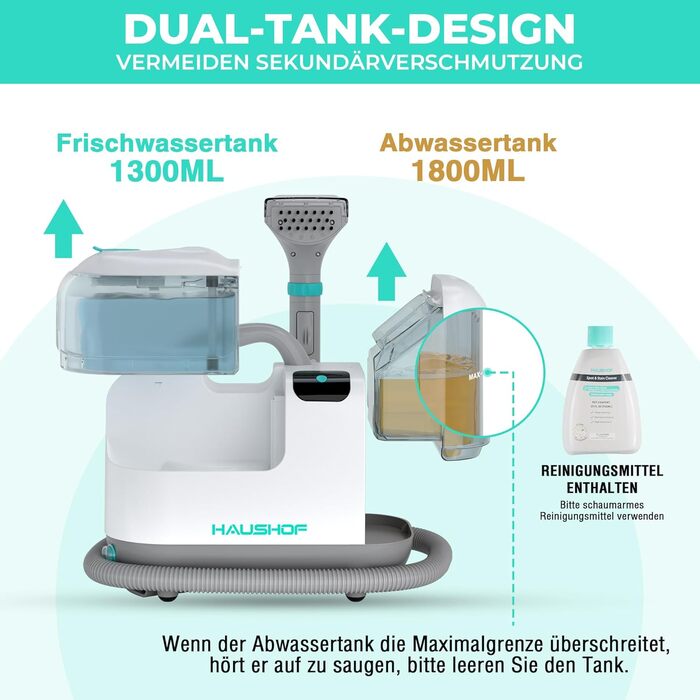 Пылесос с функцией пара HAUSHOF StainZapper Vapo: для коврів, диванів, авто. Очищувач з підігрівом та високою температурою. З миючим засобом.