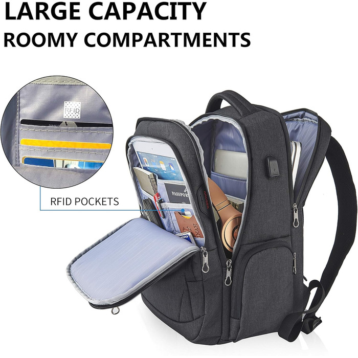 Рюкзак для ноутбука KROSER 17.3'' - бізнес, шкільний, для подорожей. З USB та RFID-кишенями (чорний)