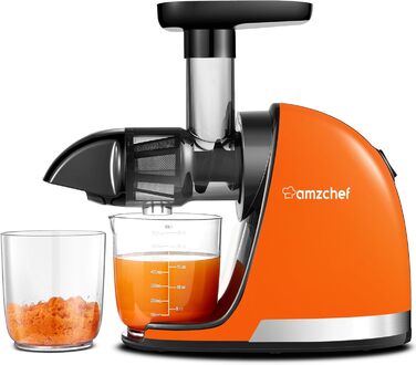 AMZCHEF Juicer for Vegetables and Fruits - Test Winner - Slow Juicer with Reverse-Masticating Function - Gentle Crushing Without Filtering - Electric Juice Press with Brush and 2 Cups - Orange