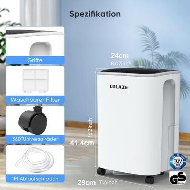 Електричний осушувач повітря COLAZE 12л/24г з автоматичною відтайкою, датчиком рівня води та низьким рівнем шуму (36дБ) для квартири, підвалу (повітряний вихід зверху)