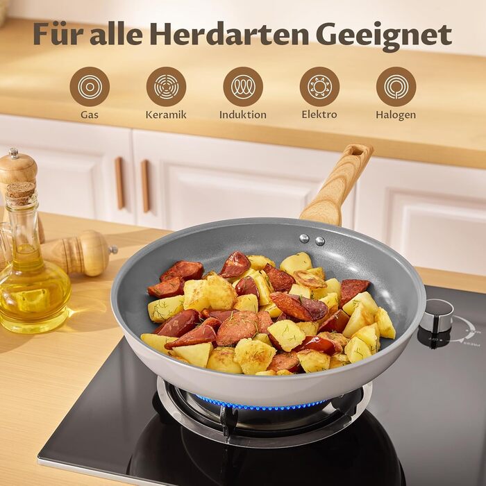 Набір сковорідок для індукції, 20/24/28 см, керамічне покриття з бакелітовою ручкою, антипригарне покриття, молекулярно з'єднане дно для індукції, підходить для всіх типів плит, без PTFE, PFAS та PFOA, 3 шт.