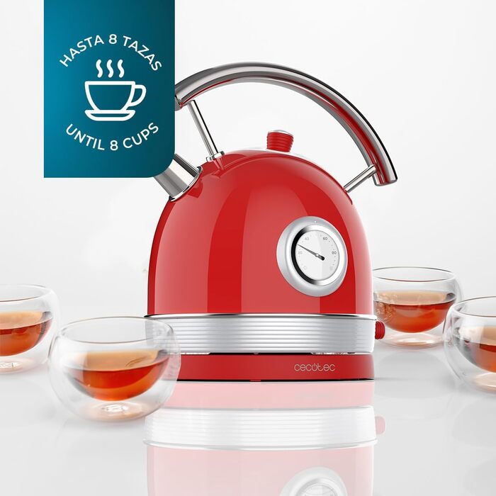 Cecotec Thermosense 420 Vintage Red Stainless Steel Kettle - 1.8L, 2200W, Temperature Display, 8 Cups