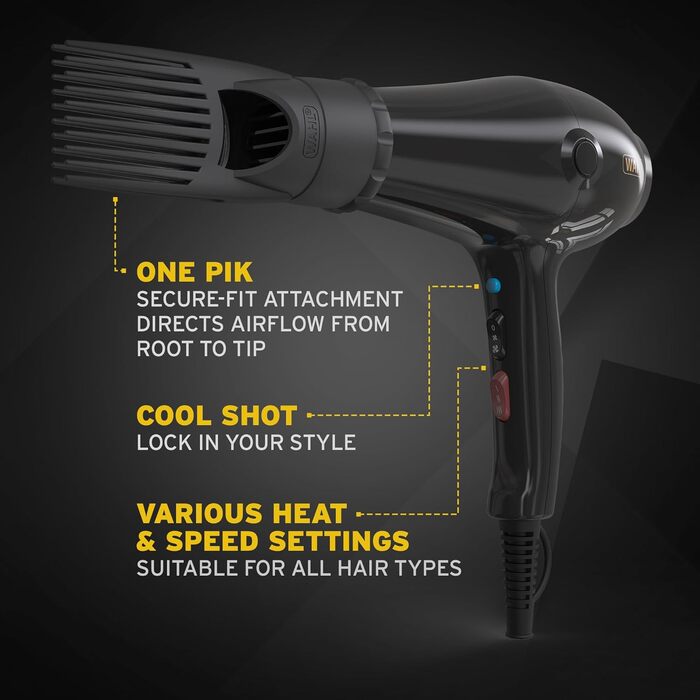 Фен для волосся WAHL PowerPik 5000 з насадкою-піком для афро-кучерявого волосся, 3 режими температури, антифриз-ефект