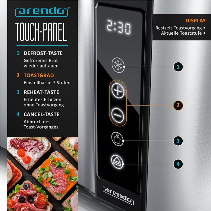 Arendo - Stainless Steel 4-Slice Long Slot Toaster - Touchscreen – Double-Walled Housing – 1500 W – Integrated Bagel Attachment – 7 Browning Levels – Bread Centering – Remaining Time Display – Memory Function C: Steelsilver