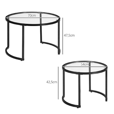 HOMCOM Set of 2 Side Tables with Black Steel Frame and Tempered Glass Tabletop, Partially Stackable for Living Room & Lounge