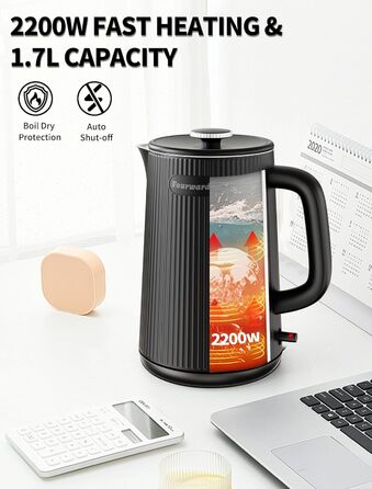 Електричний чайник Fourward - чорний, 1.7л, 2200W, з нержавіючої сталі, BPA-free, подвійні стінки