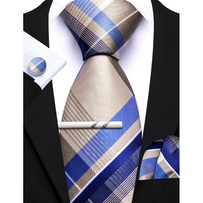 Набір краваток у клітинку Barry.Wang з хустинкою та запонками. Класична смугаста краватка для чоловіків (кремового кольору)