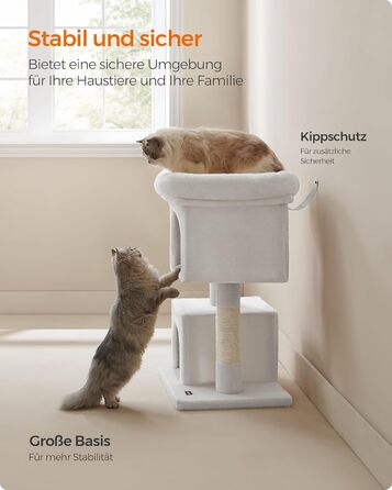 Feandrea Cat Tree, 84 cm Cat Tree, L, Cat House for Large Cats up to 7 kg, Large Platform, 2 Cat Caves, Sisal Posts, PCT61W (L (60 x 40 x 84 cm), Cream White)